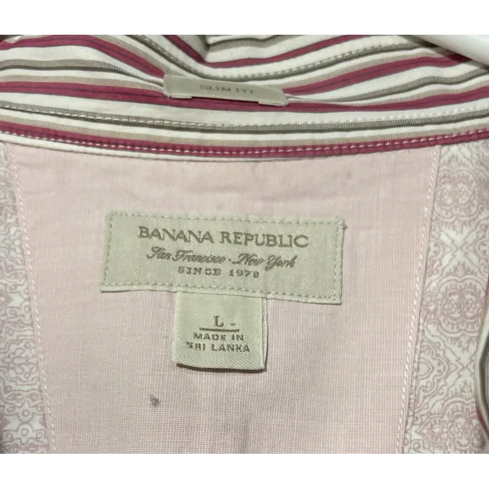 Banana Republic Shirt Mens Large Button Up Flip Cuffs Slim Fit Red White Stripes